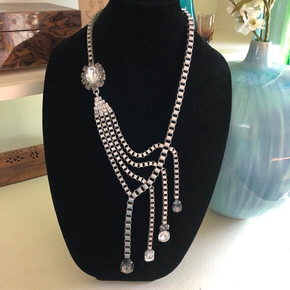 Fashion Jewelry Pewter Necklace Large Dripping Rhinestones 22" to 27" - Picture 8 of 12